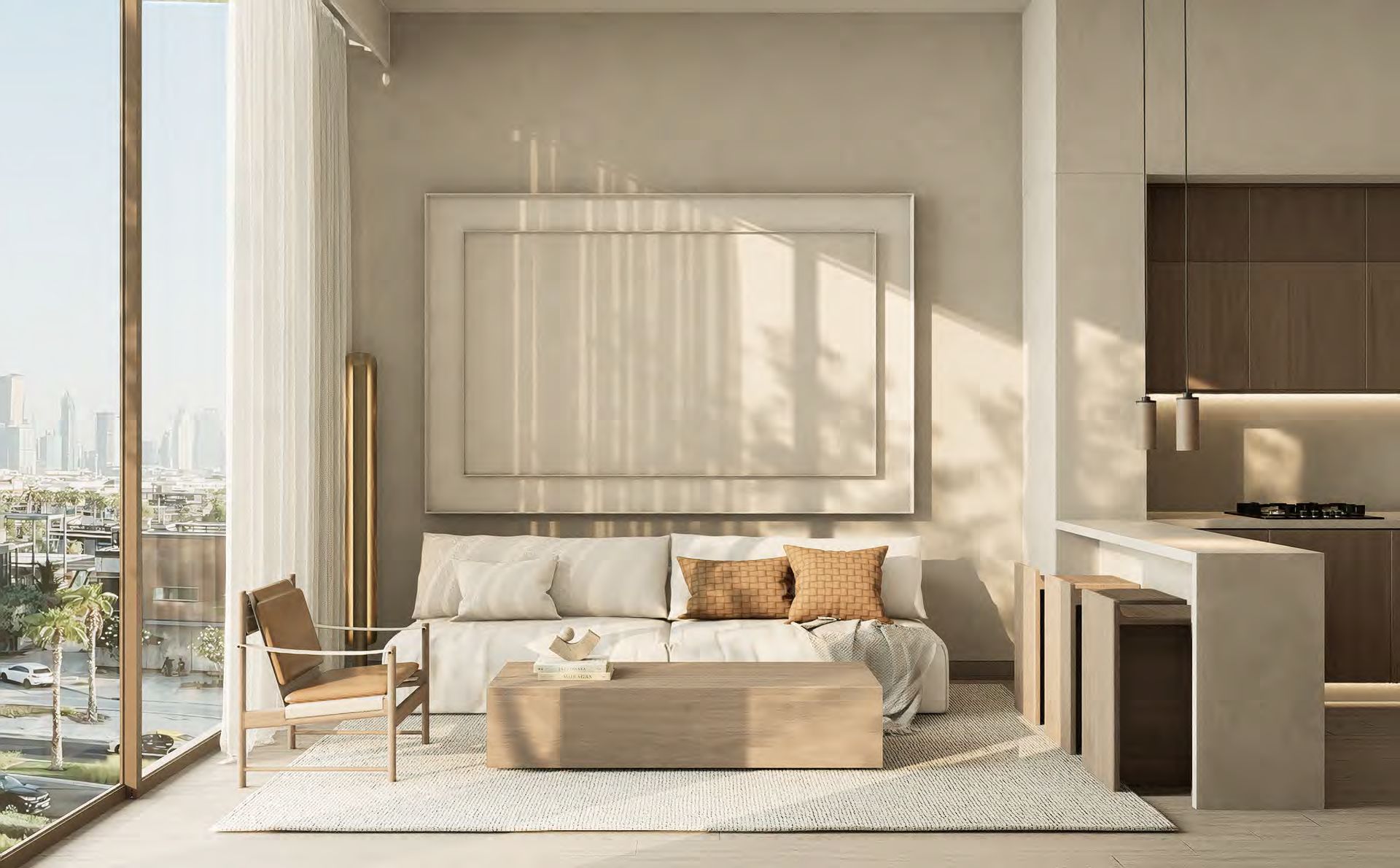 Furnished living room with city views